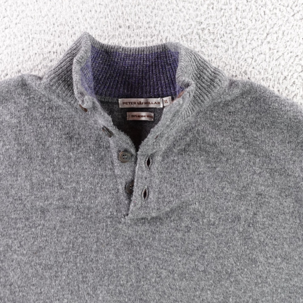 Peter Millar Mens XL Gray Merino Wool Henley Sweater Made in Italy Elbow‎ Patch